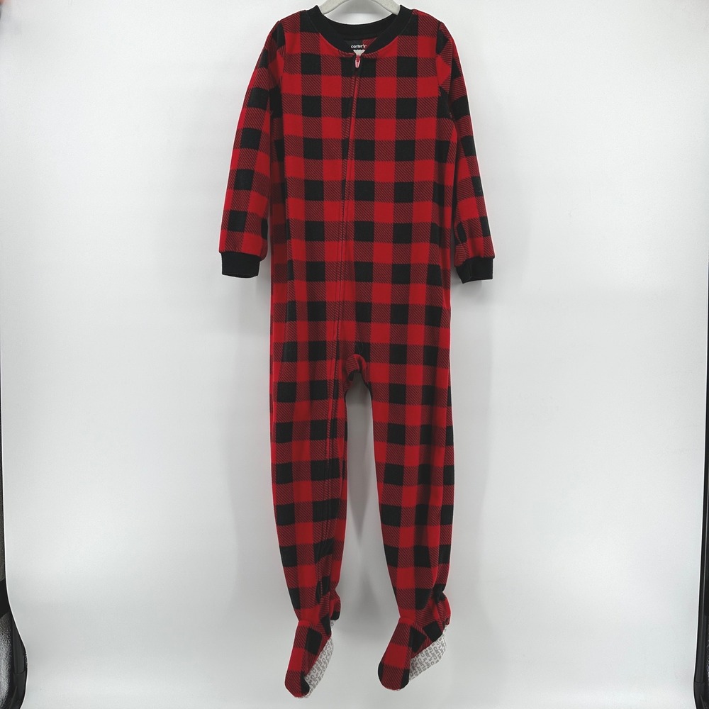 Carters Kids Red Black Buffalo Plaid Fleece Footed Sleeper Pajamas Size 6 6A